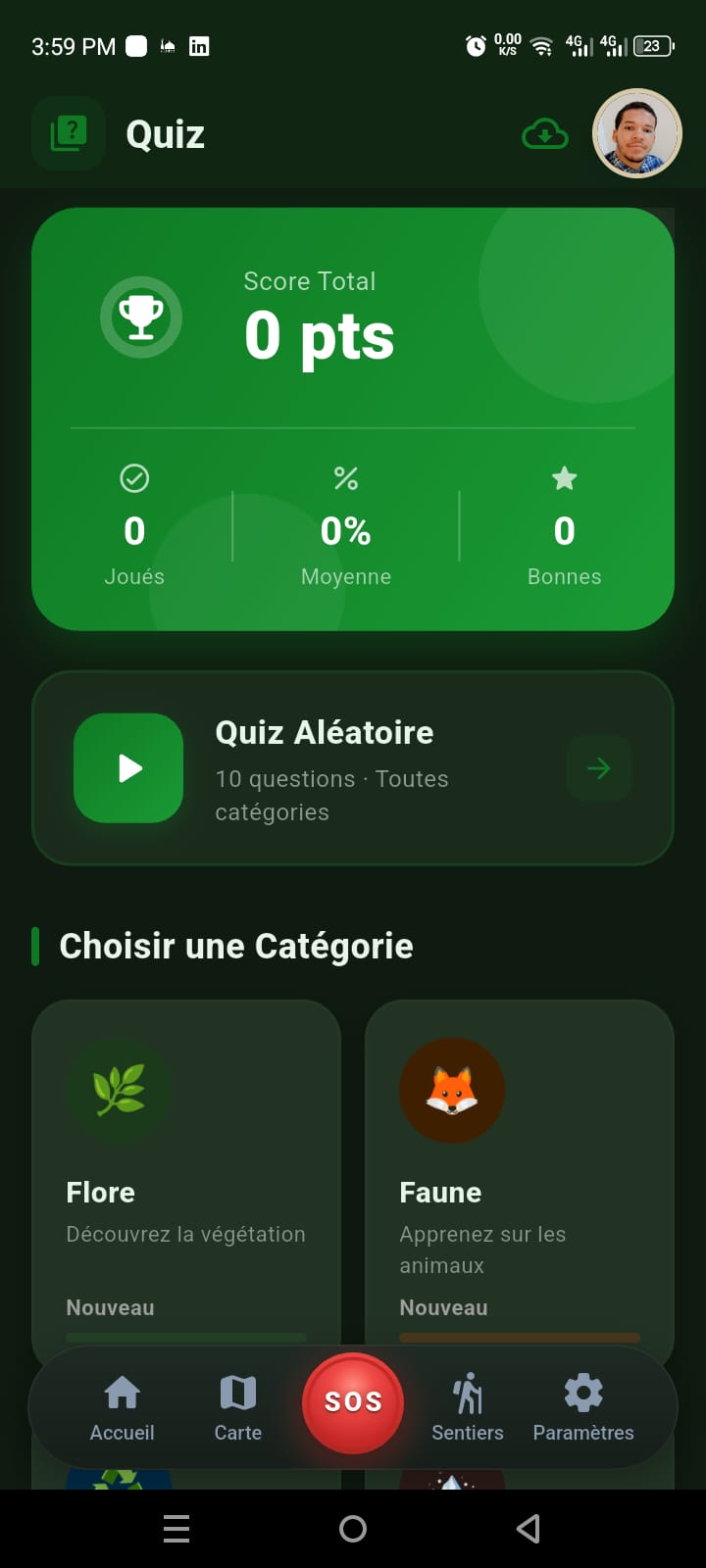 Écran Quiz : score total et catégories Flore et Faune