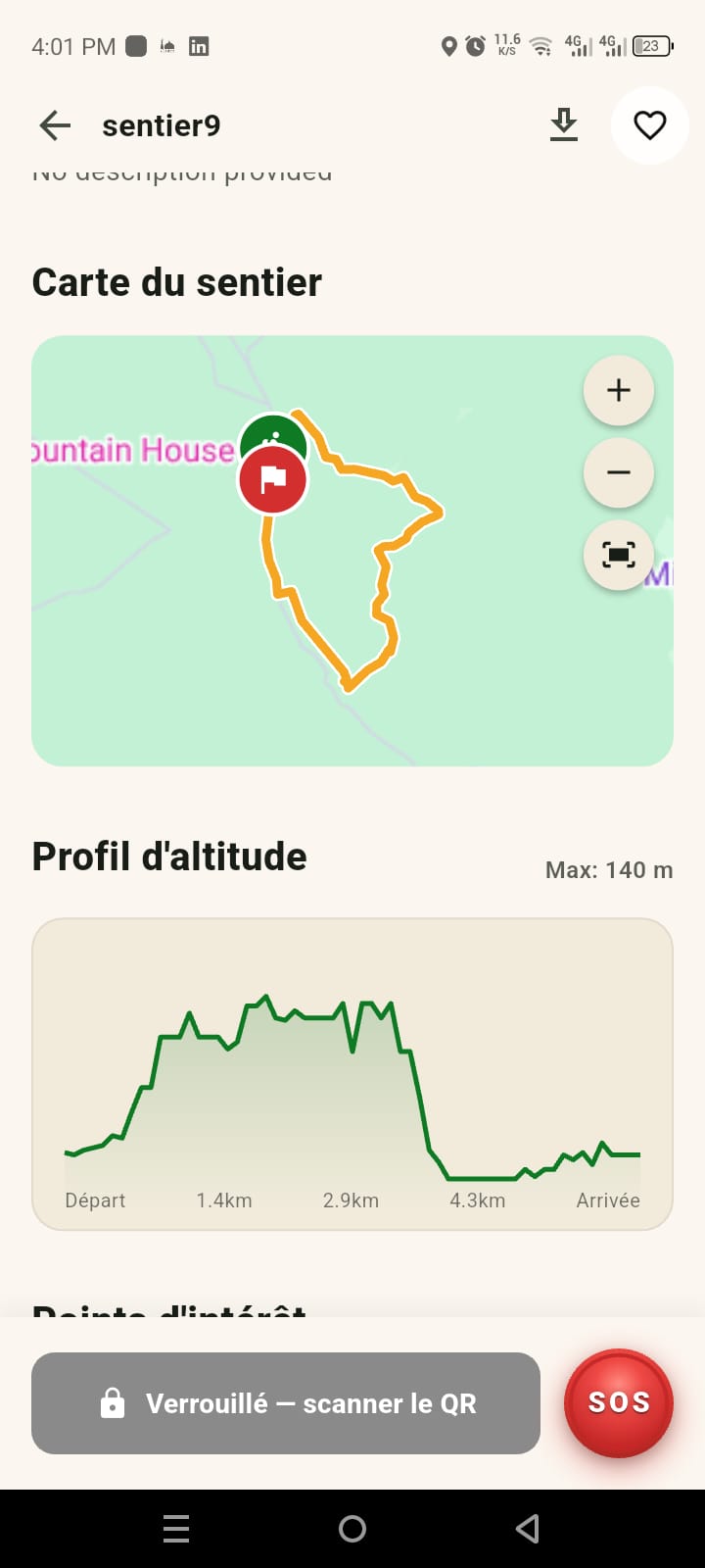 Carte du sentier avec le tracé et le profil d'altitude